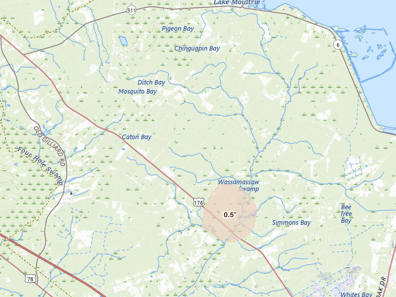 Radar-estimated hail-size map of the storm over Cross, SC on Aug 16, 2026