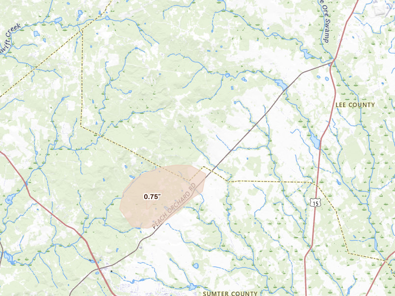 Radar-estimated hail-size map of the storm over Dalzell, SC on Jul 10, 2026