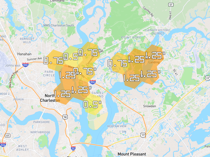 Hail map of Daniel Island, SC on Jul 8, 2026, hail up to 1.25"
