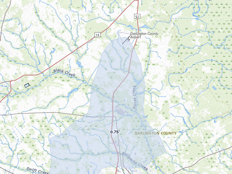 NEXRAD radar-signature map of the hail over Darlington, SC