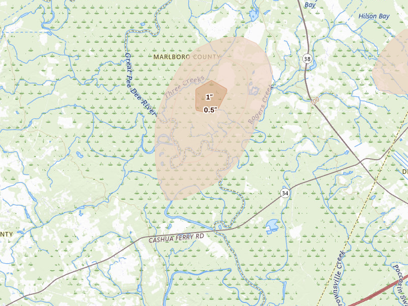 Radar-estimated hail-size map of the storm over Darlington, SC on Aug 21, 2026