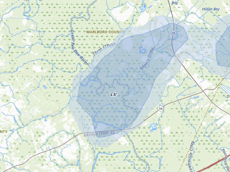 NEXRAD radar-signature map of the hail storm over Darlington, SC on Aug 21, 2026