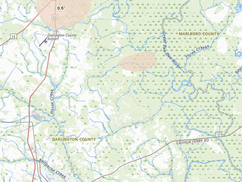 Radar-estimated hail-size map of the storm over Darlington, SC on Aug 23, 2026
