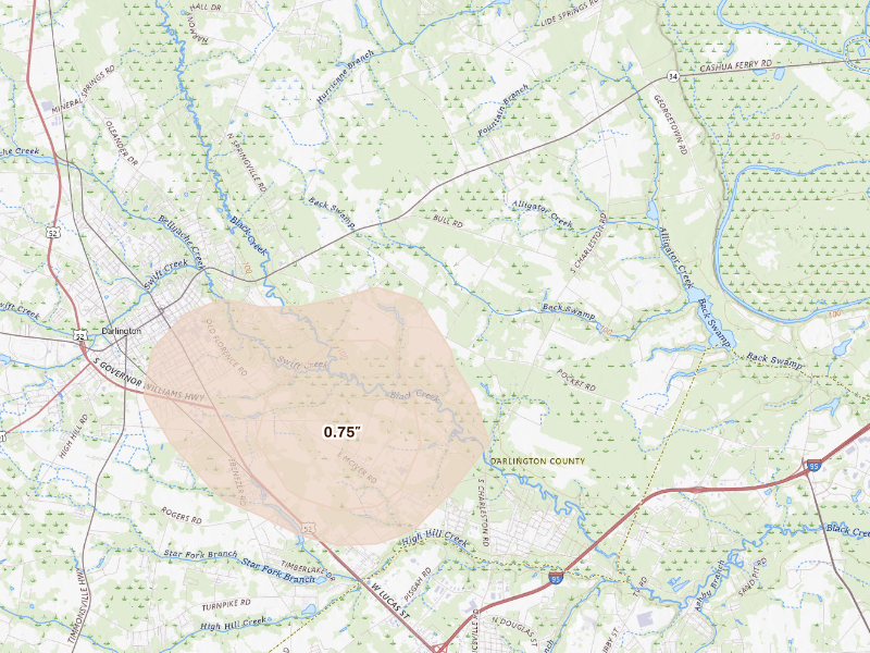 Radar-estimated hail-size map of the storm over Darlington, SC