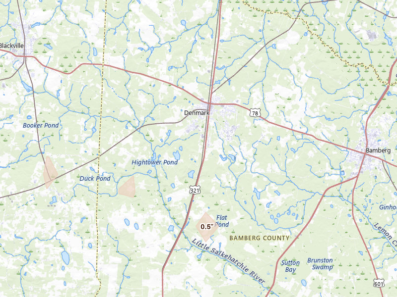 Radar-estimated hail-size map of the storm over Denmark, SC on Aug 6, 2026