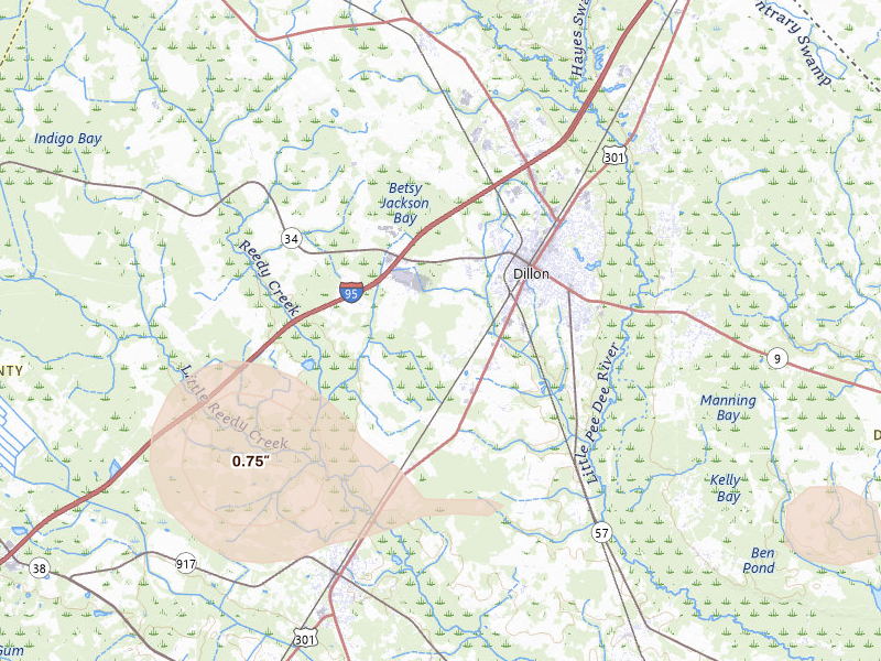 Radar-estimated hail-size map of the storm over Dillon, SC on Jul 11, 2026