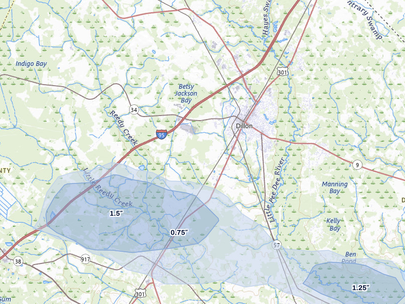 NEXRAD radar-signature map of the hail over Dillon, SC