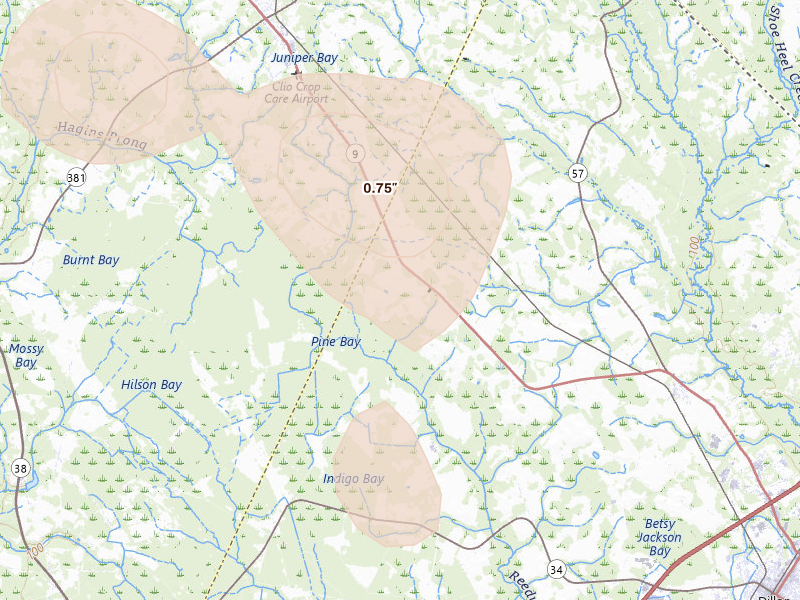 Radar-estimated hail-size map of the storm over Dillon, SC on Aug 11, 2026