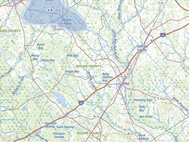 NEXRAD radar-signature map of the hail storm over Dillon, SC on Aug 11, 2026