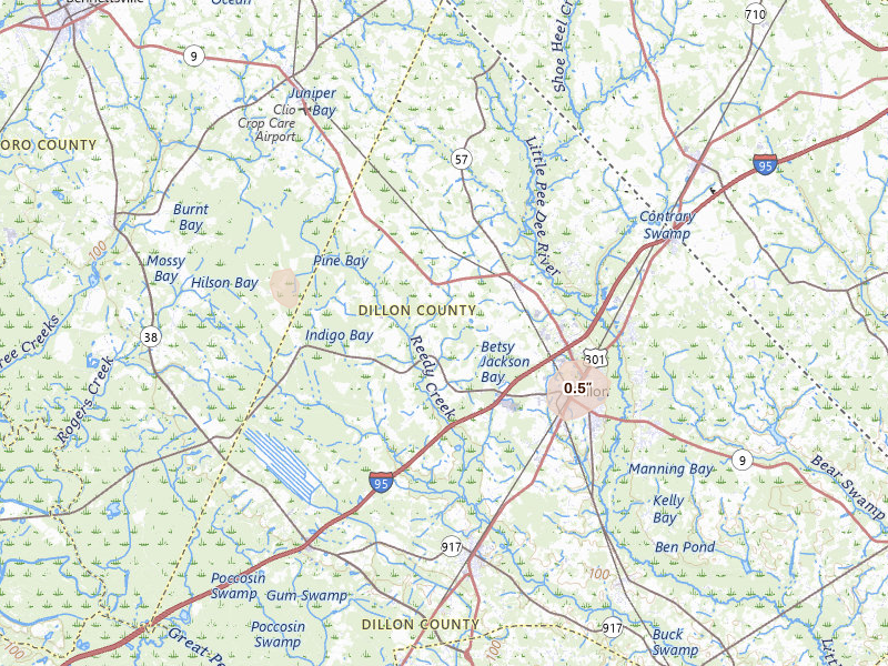 Radar-estimated hail-size map of the storm over Dillon, SC on Aug 16, 2026