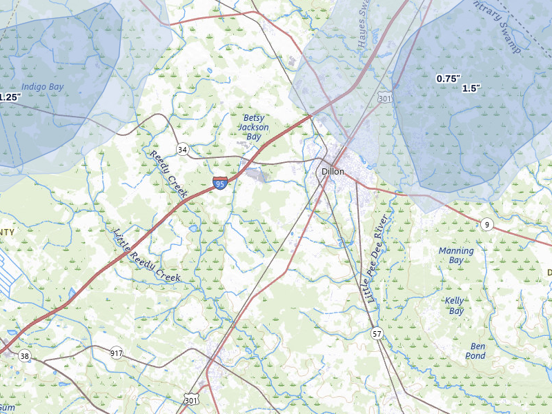 NEXRAD radar-signature map of the hail storm over Dillon, SC on Aug 21, 2026