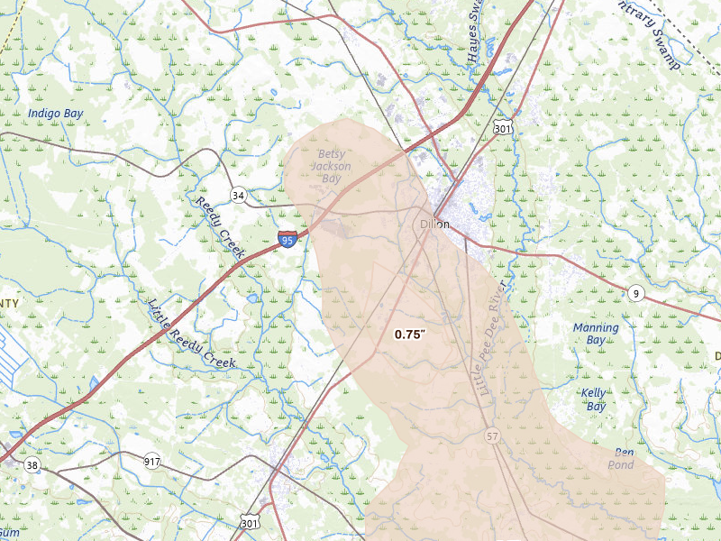 Radar-estimated hail-size map of the storm over Dillon, SC