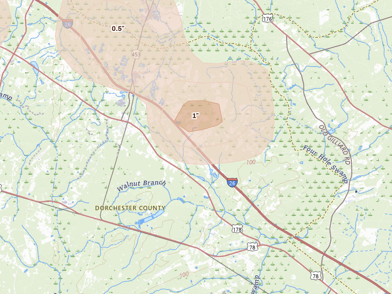 Radar-estimated hail-size map of the storm over Dorchester, SC on Jul 6, 2026