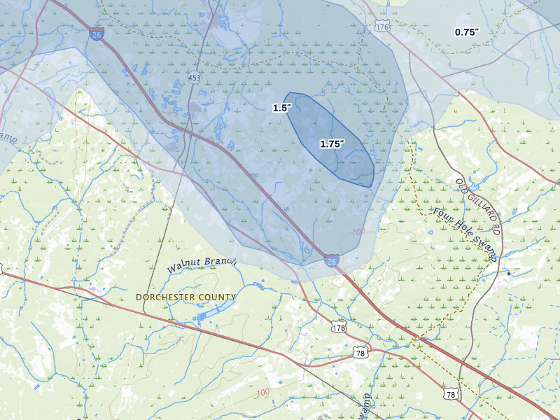 NEXRAD radar-signature map of the hail storm over Dorchester, SC on Jul 6, 2026