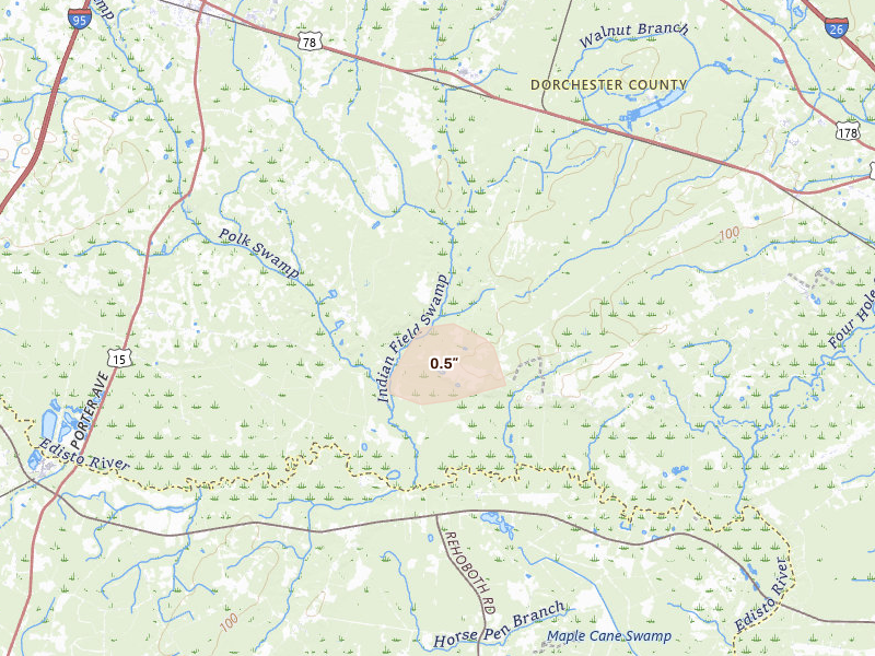 Radar-estimated hail-size map of the storm over Dorchester, SC on Aug 22, 2026