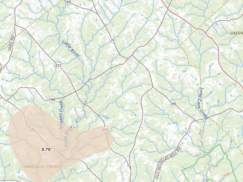 Radar-estimated hail-size map of the storm over Due West, SC on Jul 5, 2026