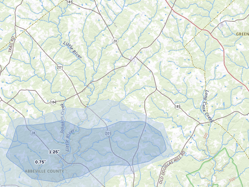 NEXRAD radar-signature map of the hail storm over Due West, SC on Jul 5, 2026