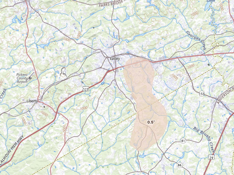 Radar-estimated hail-size map of the storm over Easley, SC on Jun 29, 2026