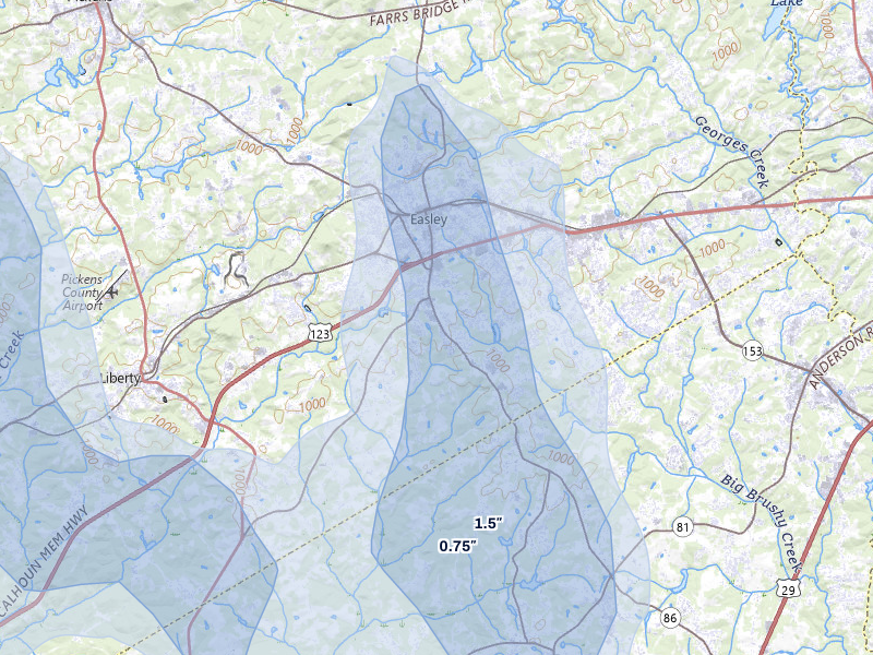NEXRAD radar-signature map of the hail storm over Easley, SC on Jun 29, 2026
