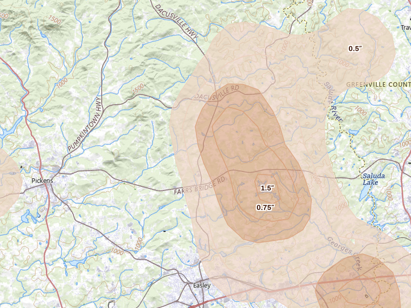 Radar-estimated hail-size map of the storm over Easley, SC