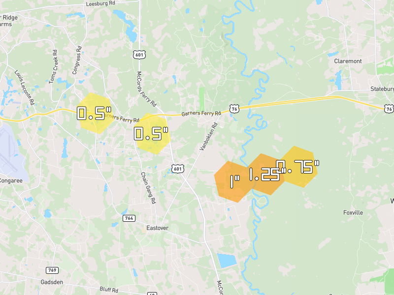 Hail map of Eastover, SC on Jun 26, 2026, hail up to 1.25"