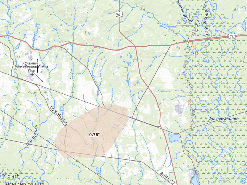 Radar-estimated hail-size map of the storm over Eastover, SC on Jul 6, 2026
