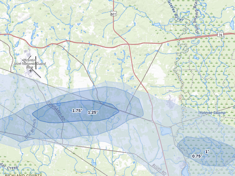 NEXRAD radar-signature map of the hail storm over Eastover, SC on Jul 6, 2026