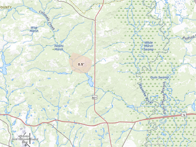 Radar-estimated hail-size map of the storm over Eastover, SC on Aug 13, 2026