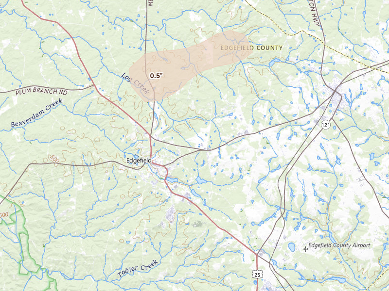 Radar-estimated hail-size map of the storm over Edgefield, SC on Aug 20, 2026