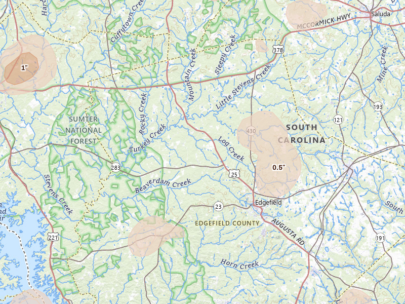 Radar-estimated hail-size map of the storm over Edgefield, SC on Aug 21, 2026