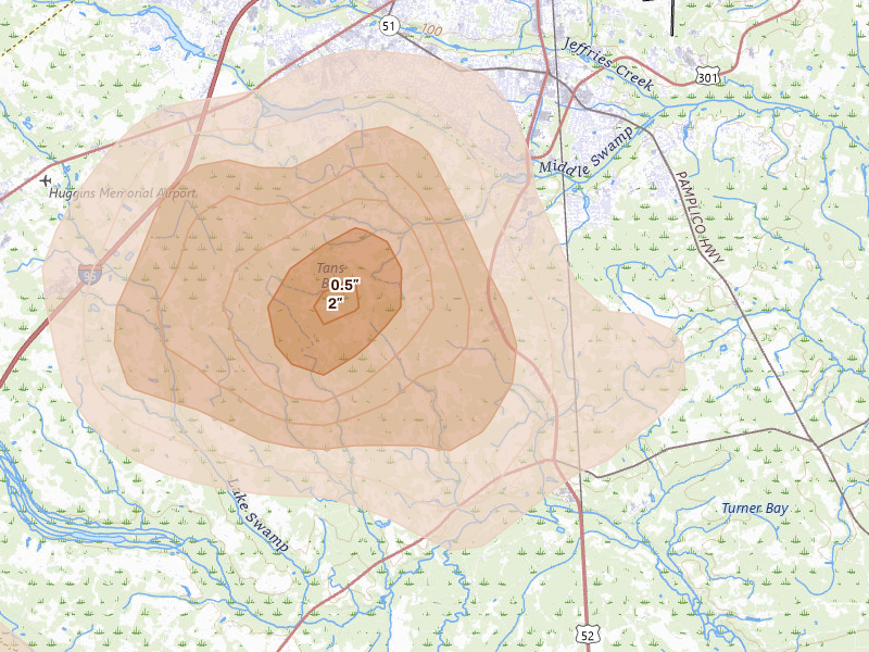 Radar-estimated hail-size map of the storm over Effingham, SC on Aug 21, 2026
