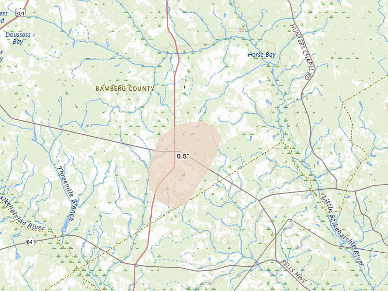Radar-estimated hail-size map of the storm over Ehrhardt, SC on Aug 21, 2026