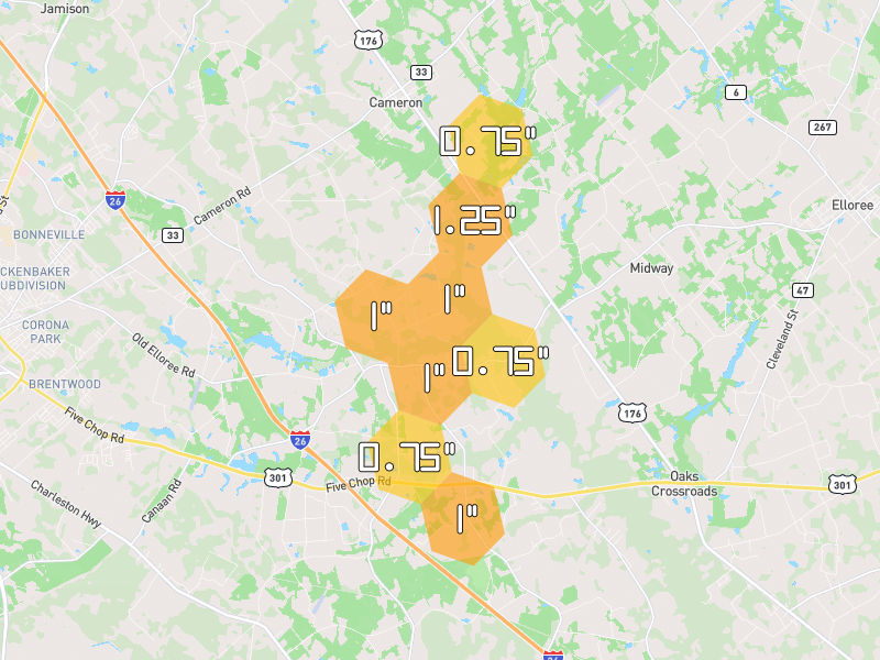 Hail map of Elloree, SC on Jul 7, 2026, hail up to 1.25"