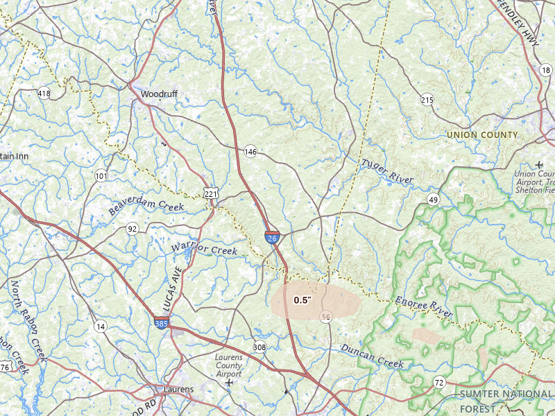 Radar-estimated hail-size map of the storm over Enoree, SC on Jul 12, 2026
