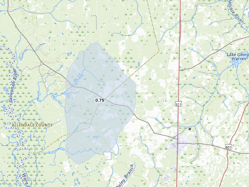 NEXRAD radar-signature map of the hail storm over Estill, SC on Jun 29, 2026