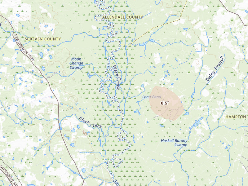 Radar-estimated hail-size map of the storm over Estill, SC on Aug 13, 2026