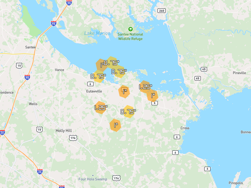 Hail map of Eutawville, SC on Jul 10, 2026, hail up to 1.25"