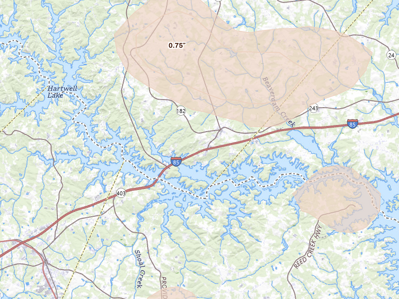 Radar-estimated hail-size map of the storm over Fair Play, SC on Jul 2, 2026