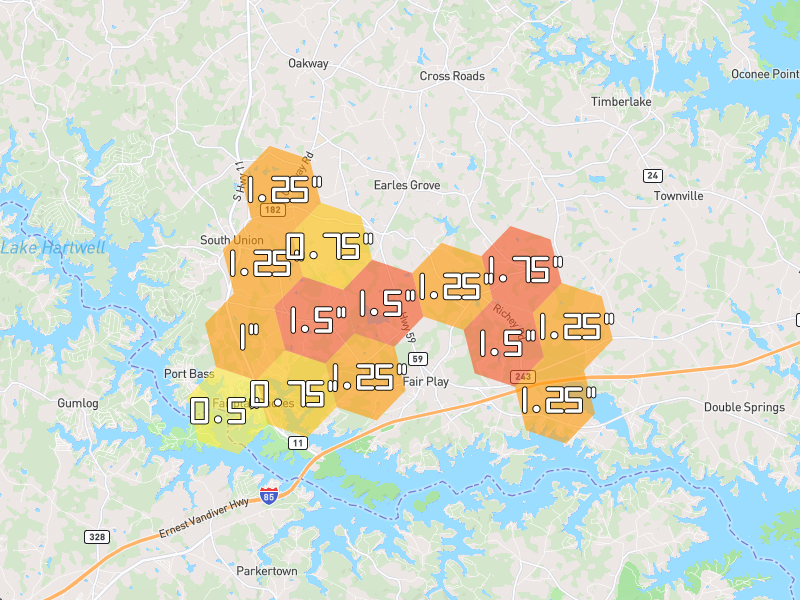 Hail map of Fair Play, SC on Jul 2, 2026, hail up to 1.75"