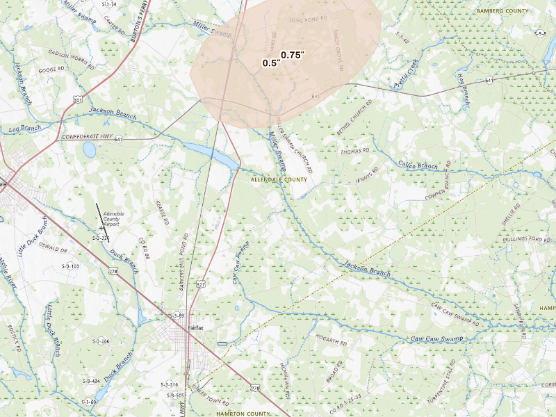 Radar-estimated hail-size map of the storm over Fairfax, SC