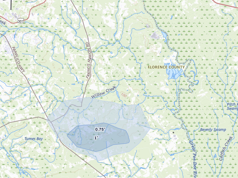 NEXRAD radar-signature map of the hail storm over Florence, SC on May 28, 2026