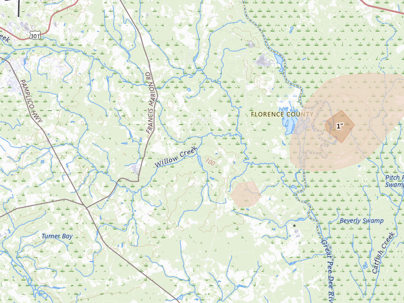 Radar-estimated hail-size map of the storm over Florence, SC on Jul 5, 2026