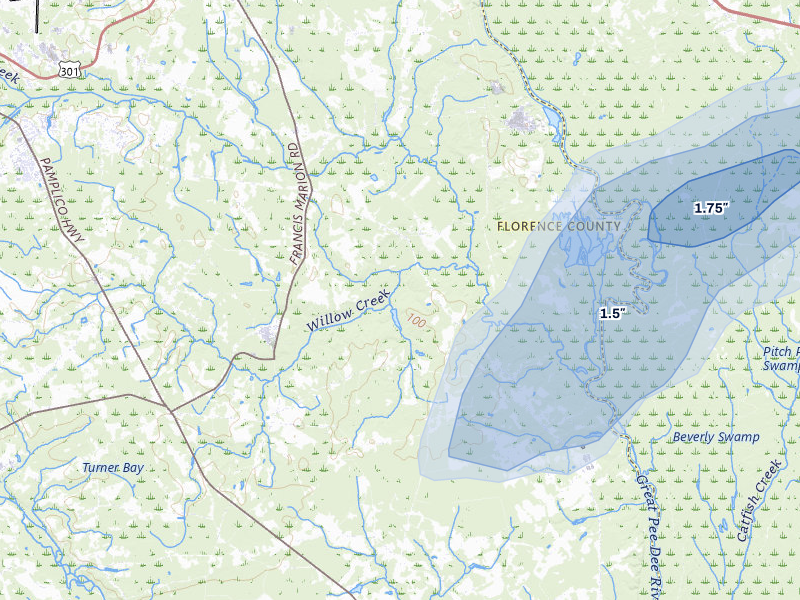 NEXRAD radar-signature map of the hail storm over Florence, SC on Jul 5, 2026