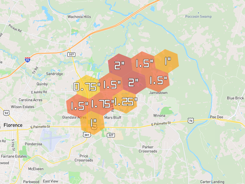 Hail map of Florence, SC on Jul 12, 2026, hail up to 2"