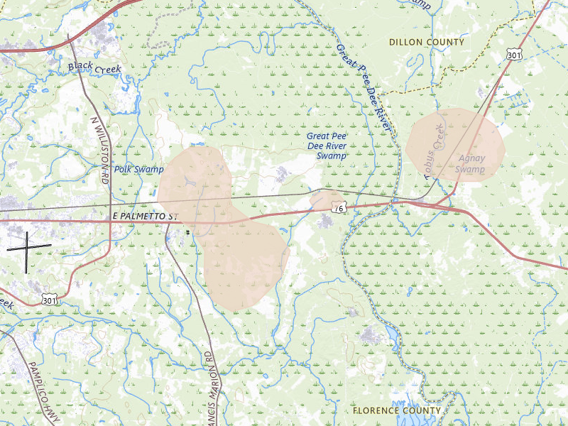Radar-estimated hail-size map of the storm over Florence, SC on Aug 21, 2026