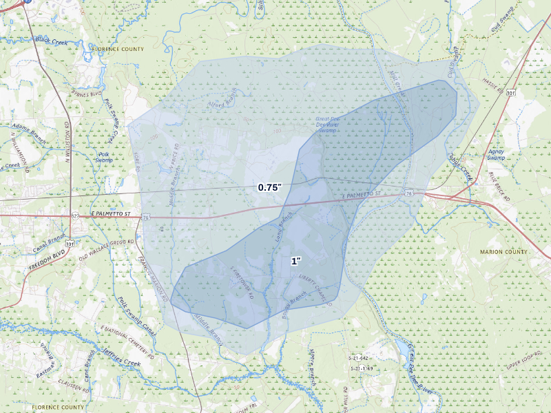 NEXRAD radar-signature map of the hail storm over Florence, SC on Aug 21, 2026