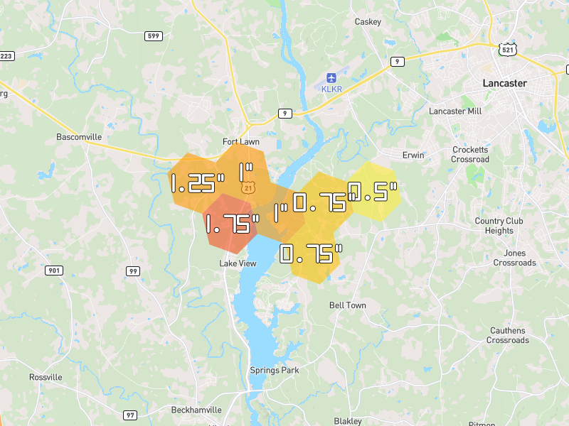 Hail map of Fort Lawn, SC on Jul 12, 2026, hail up to 1.75"