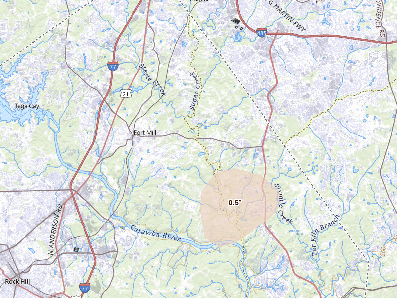 Radar-estimated hail-size map of the storm over Fort Mill, SC on Aug 11, 2026