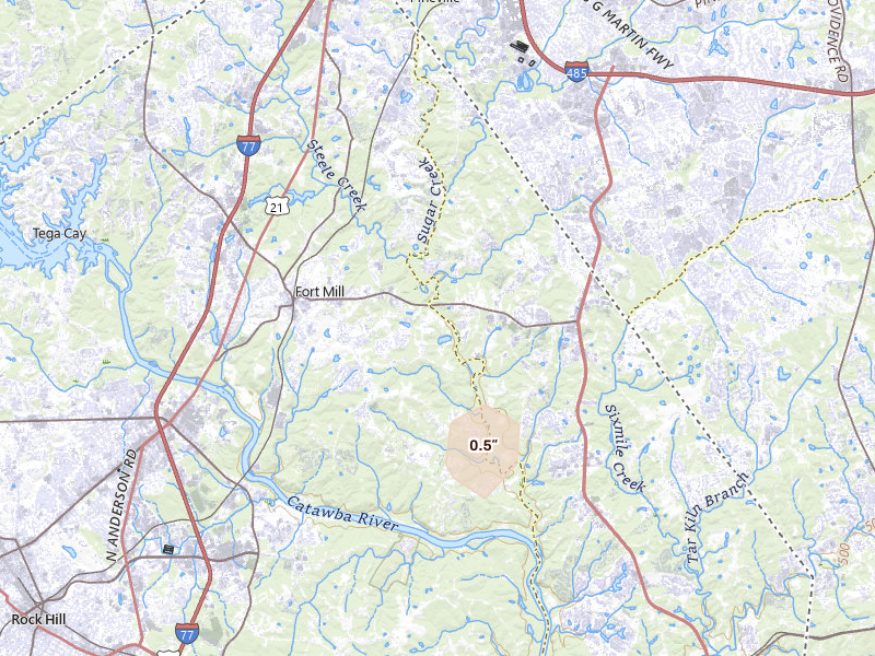 Radar-estimated hail-size map of the storm over Fort Mill, SC on Aug 13, 2026