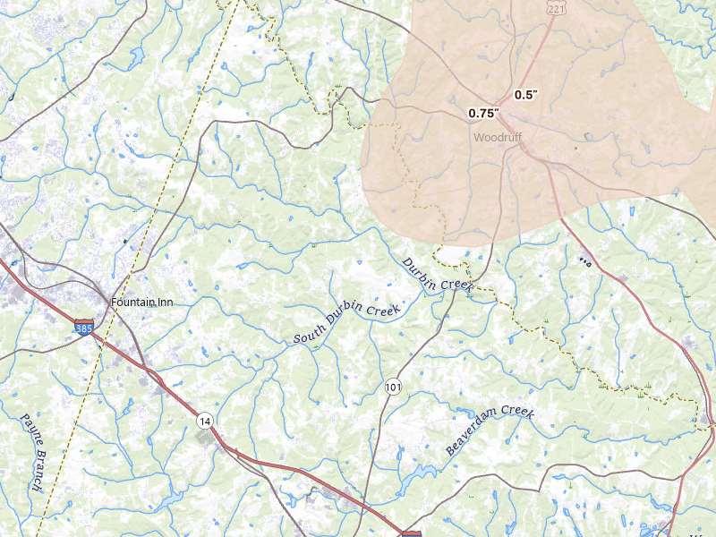 Radar-estimated hail-size map of the storm over Fountain Inn, SC on Aug 11, 2026